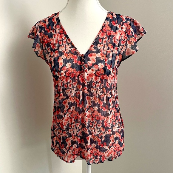 Joie 100% Silk Pleated Sheer Flutter Sleeve Floral Blouse  Size Extra Small - Picture 1 of 8